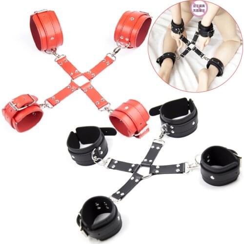 Leather Sex Handcuff Ankle Cuffs And Cross Buckle Bundle Gear BDSM Slave Wrist Ankle Bondage Set Adult Game Sex Toys For Women