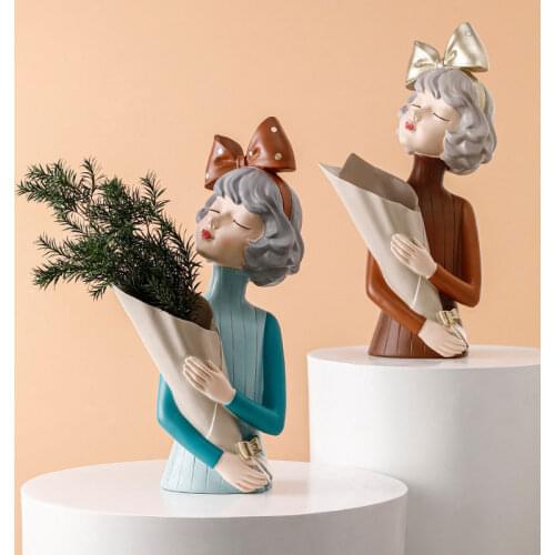 Moden Gorgeous Girl Resin Bouquet Statue Creative Nordic Flower Vase Ornaments Fashion Style Home Decoration Living Room Gifts