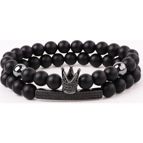 New Fashion Natural Stone Matte Onyx CZ Pave Crown Charm Beads Elastic Bracelet Set For Men