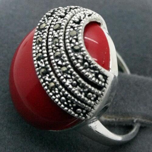 Wholesale good 16mm Red Carved Lacquer Marcasite 925 STERLING RING SIZE #7/8/9/10 Genuine men Jewelry Free ship