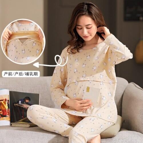 Breastfeeding Maternity Pajamas Cotton Maternity Nursing Clothes For Pregnancy Women Long Sleeve Top+Pants Sleepwear Sets