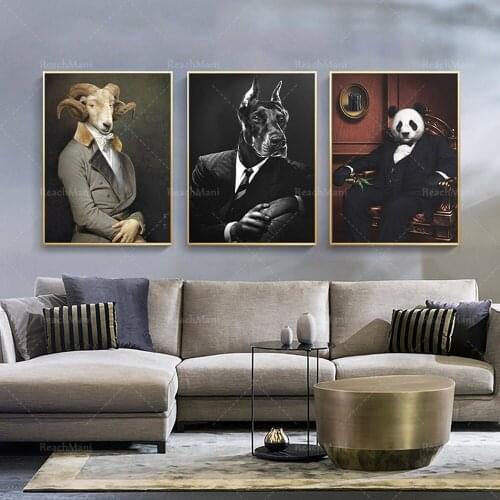 Portrait de chèvre de gentleman dans le costume gris Panda Animal Portrait chien costume toile d’impression vintage décor de mur