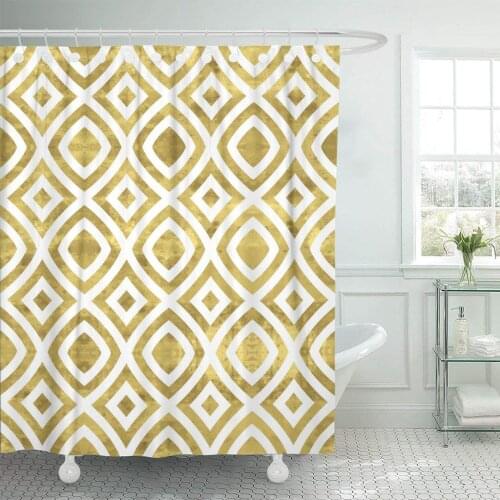 Luxury White and Gold Pattern Abstract Geometric Modern Shiny Shower Curtain Waterproof Polyester Fabric 72 x 72 Inches Set