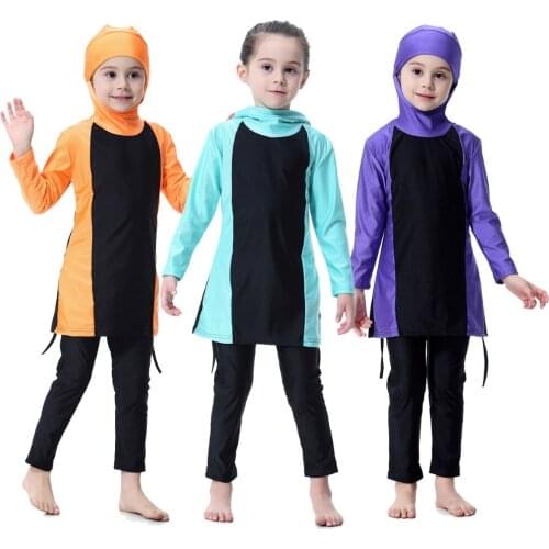 Modest swimwear islamic full cover hijab swim wear cute patchwork muslim girls swimsuit two piece long shirt and pants wholesale