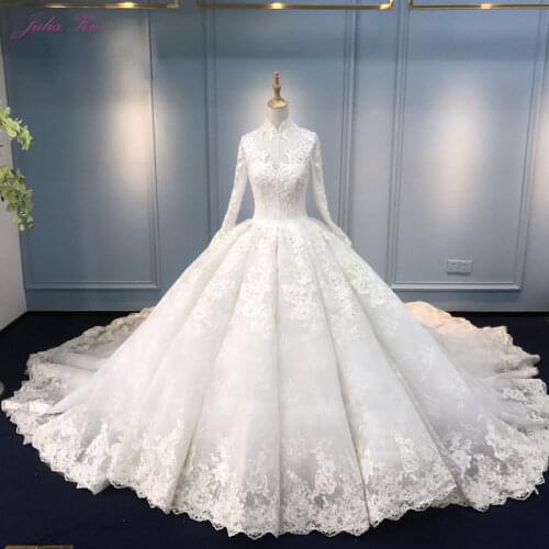 Julia Kui Real Photo Vintage Embroidery Lace Ball Gown Wedding Dress Beading Appliques High Collar Bridal Gown Vestido De Novia