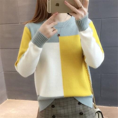 Spring Autumn Fashion Patchwork Knit Sweater Women Loose Student Jumper Ladies O-Neck Long Sleeve Knitted Pullover Tops Female