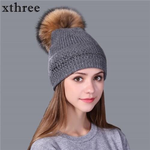 Xthree winter beanie hat for women real mink fur pom poms wool knitted girl 's hat brand new thick female cap