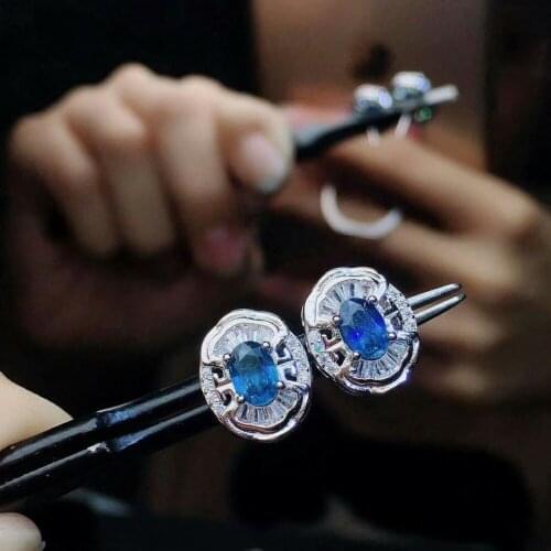 Shilovem 925 silver sterling real Natural sapphire stud earrings fine Jewelry party trendy new party plant 4*6mm de040601agl