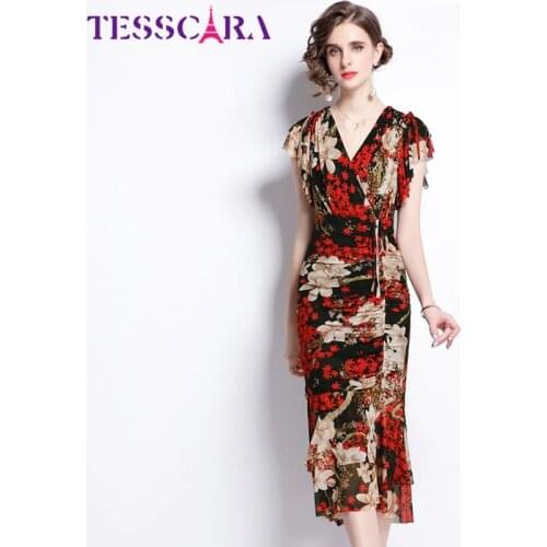 TESSCARA Women Summer Elegant Mesh Dress Festa High Quality Office Party Robe Femme Runway Red Floral Designer Trumpet Vestidos