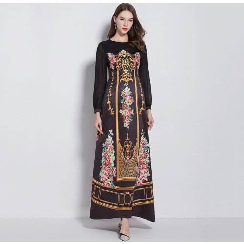 Women Elegant Sring Sumer Dresses Women Court 3d Print Silk Satin Stitching Ladies Vintage Evening Party Black Chiffon Dress