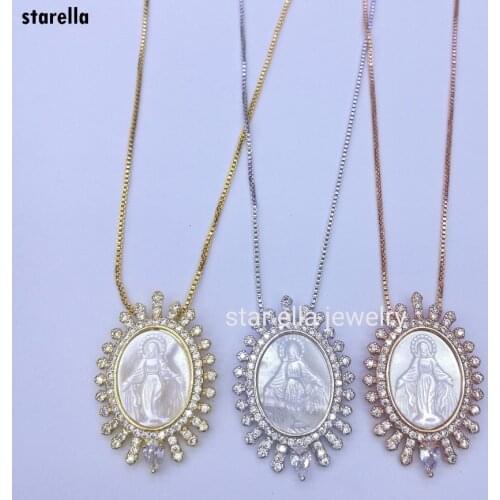 5pcs/lot Mary Necklace Micro Pave CZ Mother of Pearl Virgin Maria Pendant Necklace Collares Jewelry Joyeria