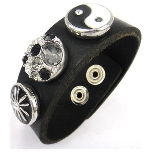 Free shipping fashion Beautiful noble black Leather Wrap Bracelet YinYang CZ stone metal button leather Bracelet