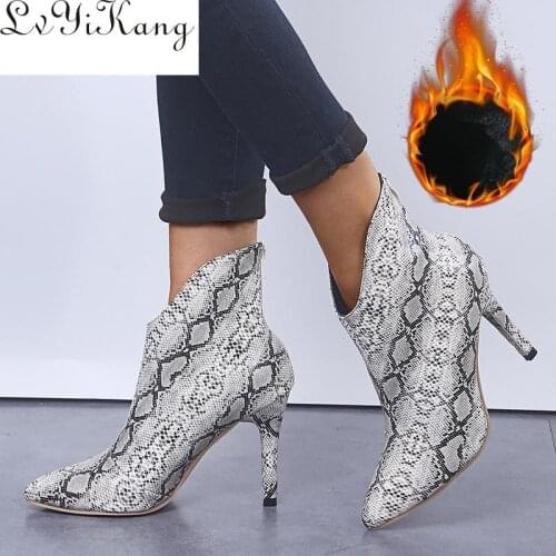 2020 Women Zipper Boots Snake Print Ankle Fashion Pointed toe Ladies Sexy shoes New Chelsea Thin High heel Size 42 Snake Skin