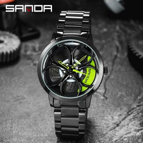 SANDA 2021 Mens Creative Stainless Steel Custom Design Wheel Watch Super Car Wheel Waterproof Mens Watch Relogio Masculino
