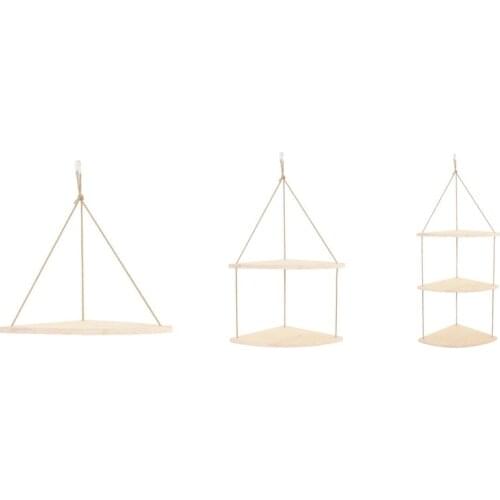 Wood Hanging Corner Shelves with Rope House Storage Organizer Corner Hanging Rack Wall Ladder Floating Shelf