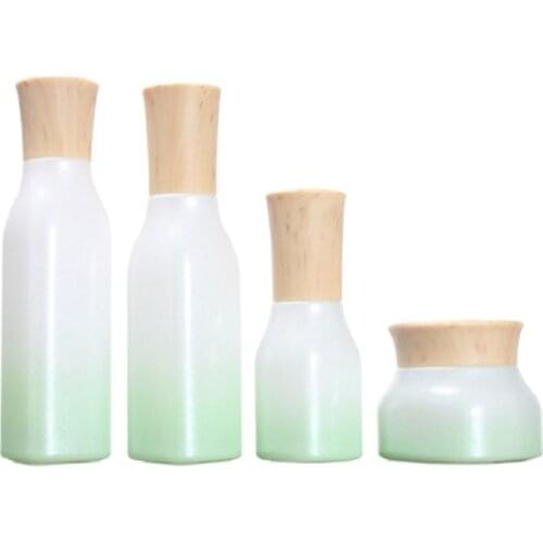 Spray Bottle Square Shape Gradient Green Empty Cosmetic Packaging Container Toner Glass Refillable Bottles Cream Jar