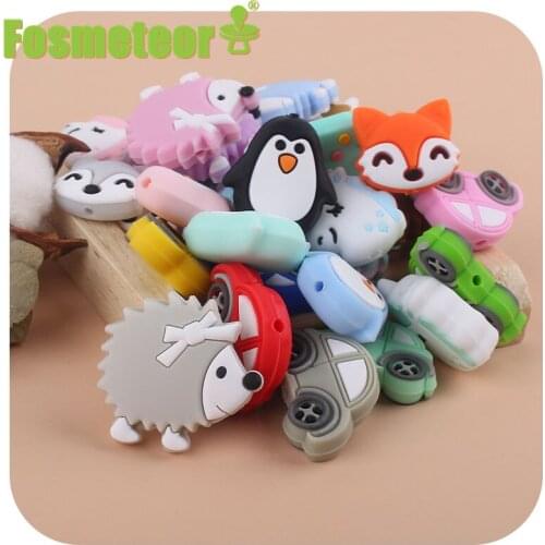 Fosmeteor 5pcs Cartoon Beads Penguin Car Ice Cream Fox SIlicone Teething Accessories Dummy Holder Decorate Mini Rodent Teether