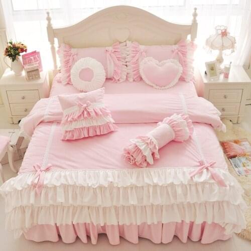 Pink Purple Blue Korean Princess Girl Fleece Fabric Bedding Set White Ruffle Bow Duvet Cover Flannel Velvet Bed Skirt Pillowcase