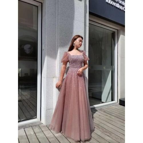 Brown Long Luxury Puff Sleeve Evening dresses Partydresses For Girls Gowns With Diamond Handmade