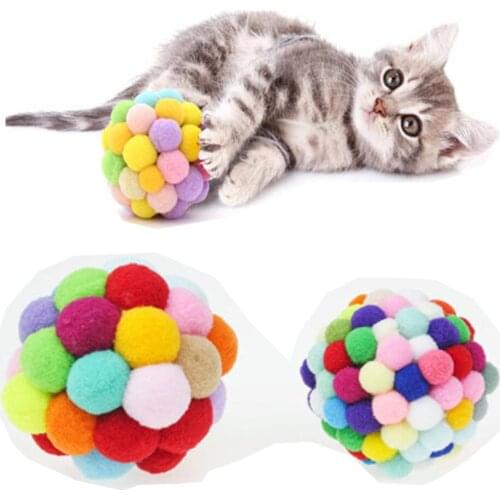 Cat Plush Toy Colorful Rainbow Ball Kitten Interactive Scratch Bouncy Ball Toys Stretch Cat Pom Pom Bells Bouncy Ball Handmade
