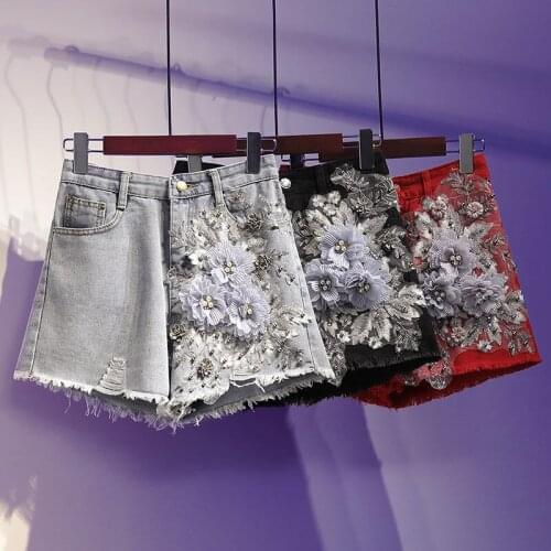Summer new heavy industry embroidery plus size denim shorts womens high waist loose thin A wide leg hot pants