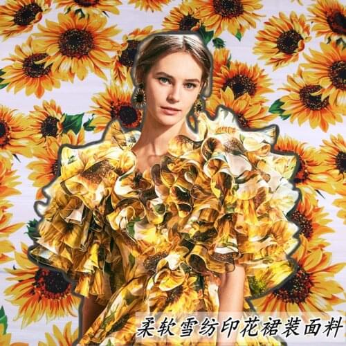 2019 new high quality sunflower printing clothing fabric dress shirt fashion chiffon beautiful polyester printed cloth custom