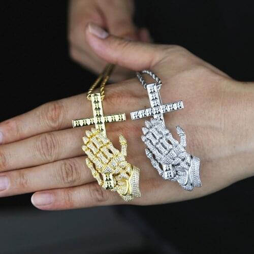 Wholesale Hip Hop Bling Cubic Zirconia CZ Iced Out Praying Hands Cross Necklaces Pendants For Men Jewelry With Twist Rope Chain