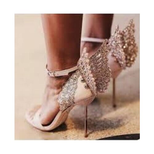 Sexy Butterfly Wing Sandal High Heels Rose Gold Pin-buckle Metal Stiletto Heel Sandal Metallic Leather Glitter Laser-cut Shoes