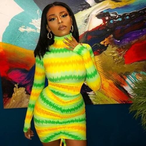 Print Turtleneck Bodycon Autumn Dress Women Long Sleeve Sexy Mini Dresses for Women Casual Elastic Drawstring Ruched Party Dress