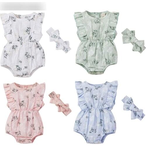 Pudcoco 0-24M 2Pcs Baby Girl Summer Ruffle Sleeveless Floral Casual Button O-Neck Infant Kids Romper+Bowknot Headwear Outfit