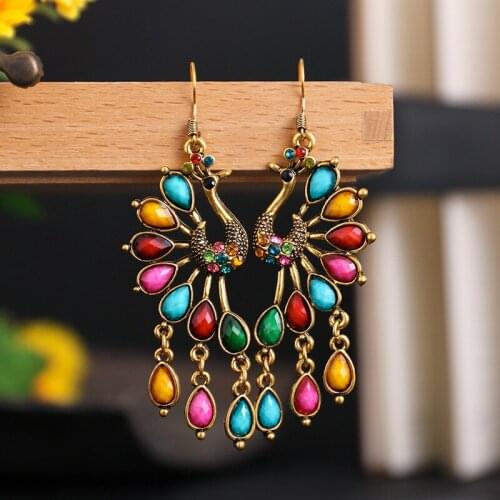 Retro Hollow Out Peacock Earring Creative Colorful Crystal Rhinestone Inlaid Fashion Female Long Drop Earring Exquisite Jewelry