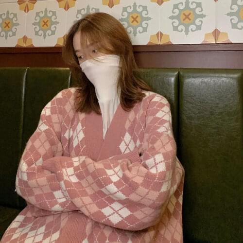 Retro rhombus loose lazy style big sweater womens early spring college style knitted cardigan blouse jacket y2k tops E-girl