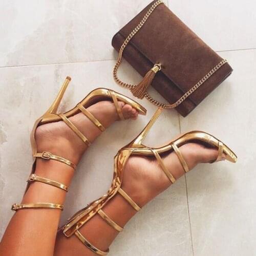 Carpaton Metallic Gold Leather Strappy High Heel Sandal Summer Sexy Open Toe Gladiator Shoes Woman Buckle Strap Dress Shoe