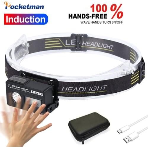 LED Headlamp Body Motion Sensor Headlight USB Rechargeable Head Light Cap Clip Light With Power Display Red and Blue Light