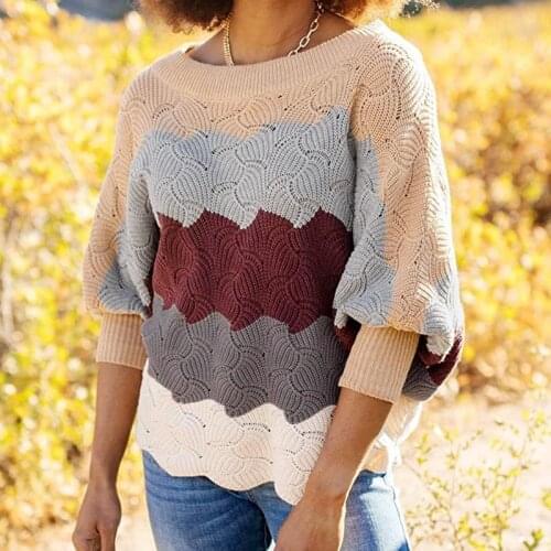 Hollow Knitted Pullover Sweaters Autumn Winter Color Block Pullovers Female Casual Long Sleeve Striped Patchwork Sweater Jumper