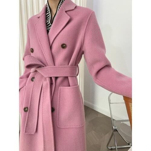 High-end rubber powder suit collar double-breasted British double-sided woolen woolen coat female Korean version 21 new