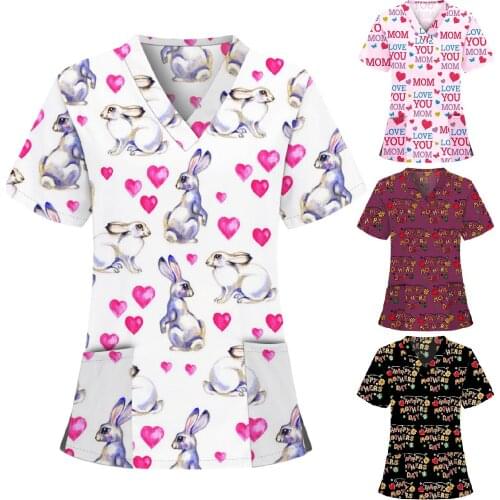 Women Short Sleeve V-neck Carer Top Lovely Rabbits Or Text Print Daily Work Shirt Top With Buttons Neckline Carer T-Shirt