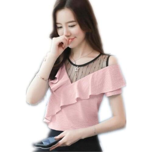 2019 Summer Sexy Women Blouses Short Off-Shoulder Patchwork Mesh Short Sleeve Shirts Female Ruffles O-Neck Blouses Tops Q379