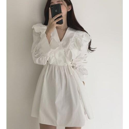 2021 Summer Korean Retro Plus Size Dress Short Vestidos Solid Pleated Wide V Neck Cross Ruffles Lace Up Waist Flare Sleeve Dress