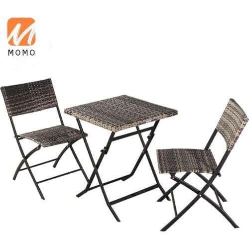 3PC Patio Wicker Garden Backyard Rattan Furniture Folding Metal Bistro Table Chair Set