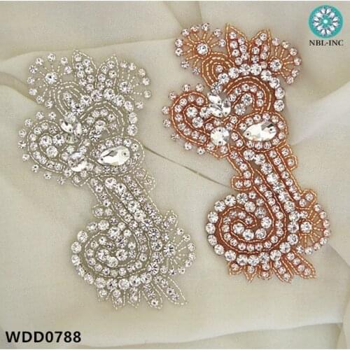 30PCS )Wholesale bridal hand beaded sewing crystal rhinestone applique patch iron on for wedding dresses WDD0788
