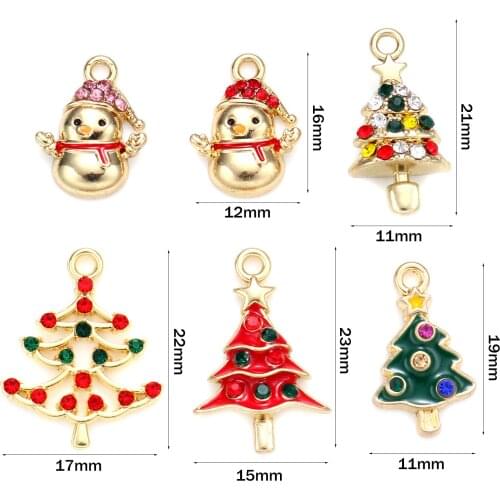 5 PCs Charms Christmas Tree Gold Plated Enamel Charm With Red & Green Rhinestone DIY Christmas Jewelry Gifts For Women