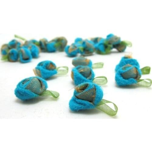 15 Pieces Turquoise Acrylic Felt Rolled Flower Buds|With Leaf Loop|Glued|Floral Applique|Rosette Flowers|Rose Buds|Flower Decor