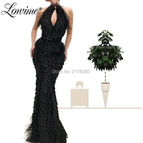 Black Feather Evening Dresses 2019 Mermaid Islamic Dubai Saudi Arabic Party Gowns Hot Sexy African Prom Dresses Robe De Soiree