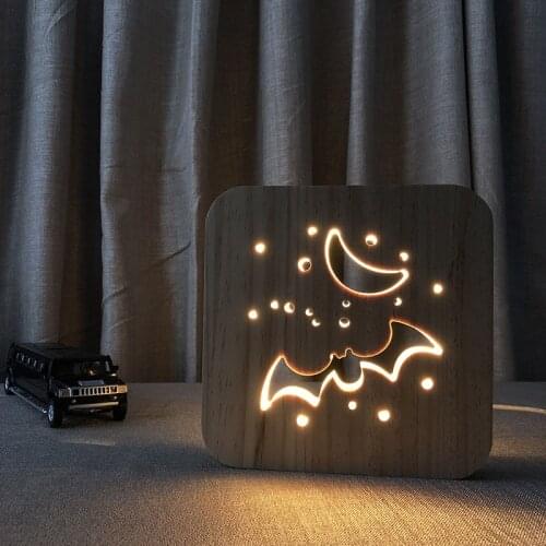 Wood Halloween Bat Night Lamp 3D Visual LED Wooden Night Lights Bedroom Bedside Table Lamp for Children Gift