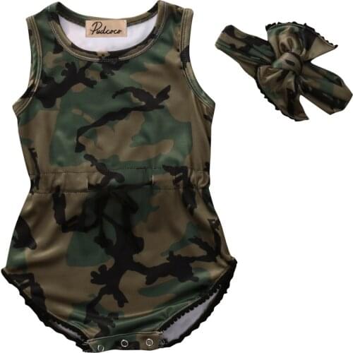 Hi Hi Baby Store Newborn Baby Girls Camo Cotton Sleeveless Bodysuit + Headband 0-24M