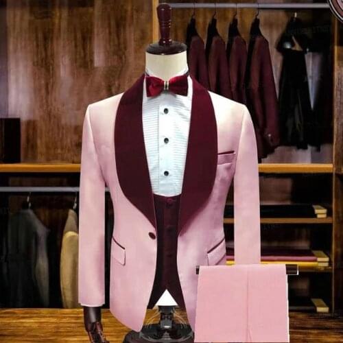 Custom Made Classic Fashion Pink Groom Tuxedos Groomsmen Burgundy Velvet Shawl Lapel Best Man Suit Wedding Mens Blazer Suits