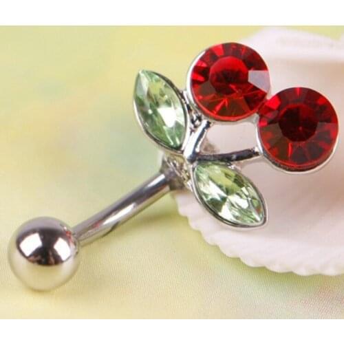 Surgical Steel Red Cherry Rhinestones Inlaid Belly Button Navel Ring Charming Piercing Body Jewelry