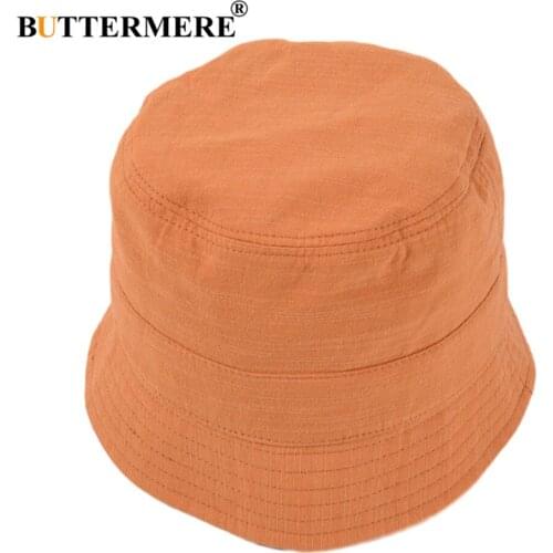 BUTTERMERE Summer Bucket Hat Womens Solid Orange Fishing Hat Japanese Harajuku Cotton High Quality Sun Protector Hat
