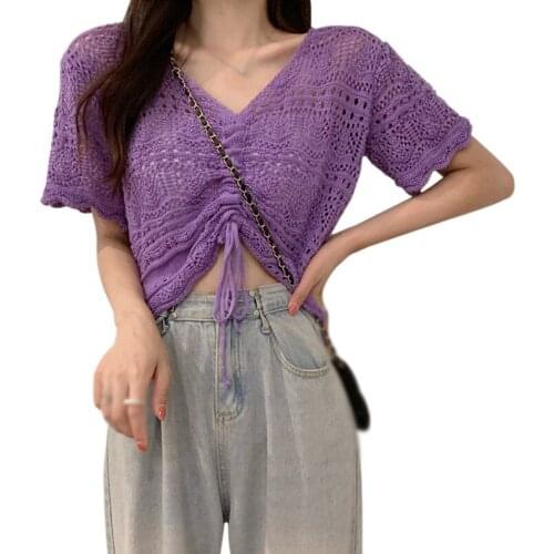 Summer Casual V-Neck Solid T-Shirt Thin Draw Rope Hollowing Sunscreen Shirt Short-Sleeved Tee Female Shirt